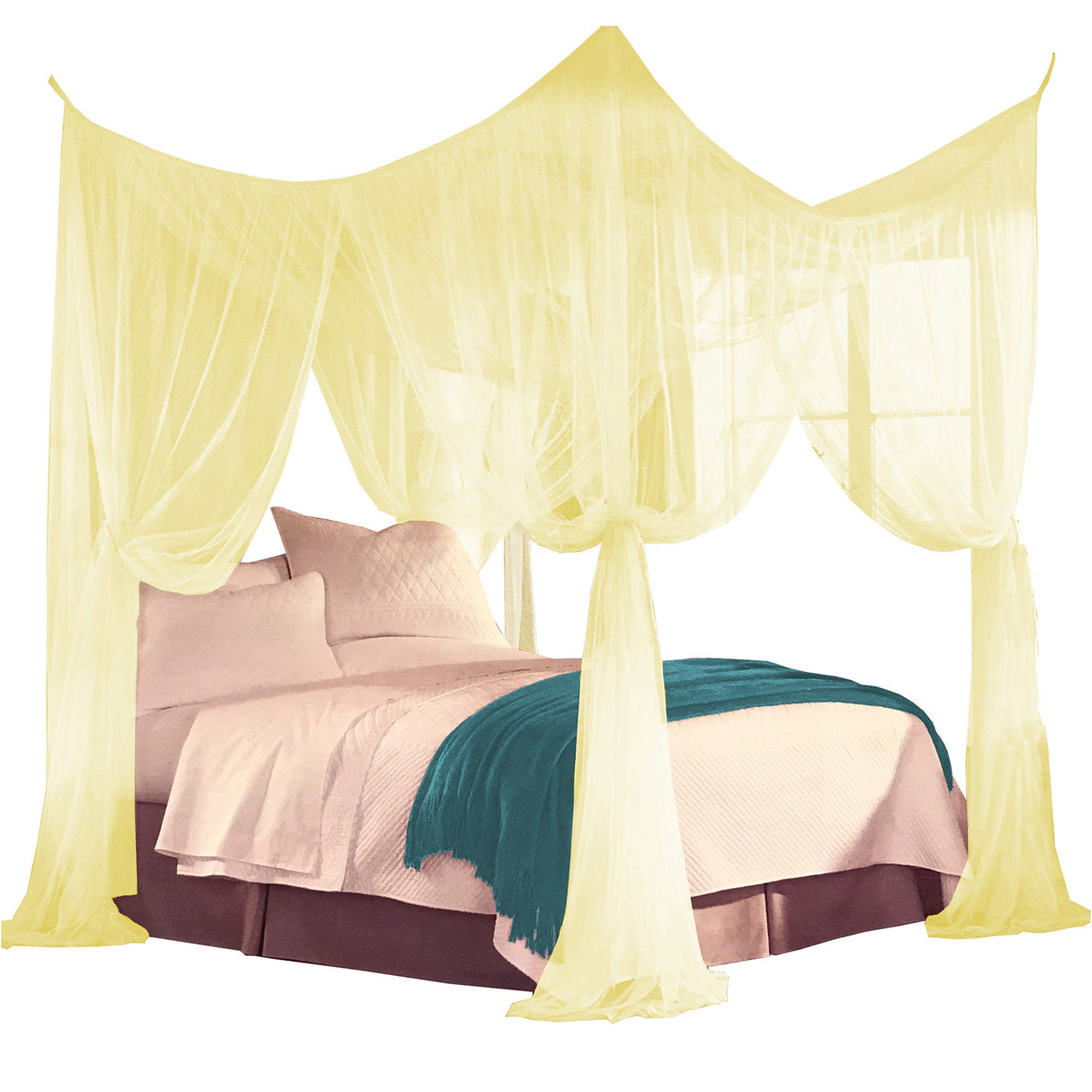 Just Relax Four Corner Post Elegant Mosquito Net Bed Canopy Set, Yellow, Full-Queen-King from ShopBobbys