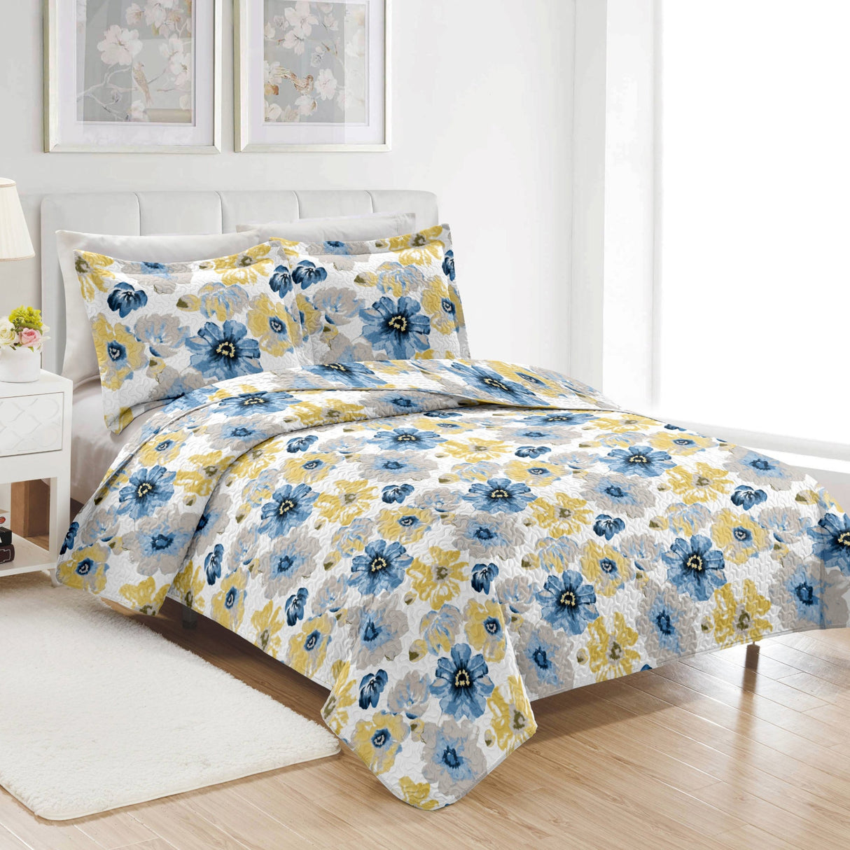 PREMIUS Eliana 3 Piece Microfiber Wrinkle-Free Quilt Set, Blue-Yellow from ShopBobbys