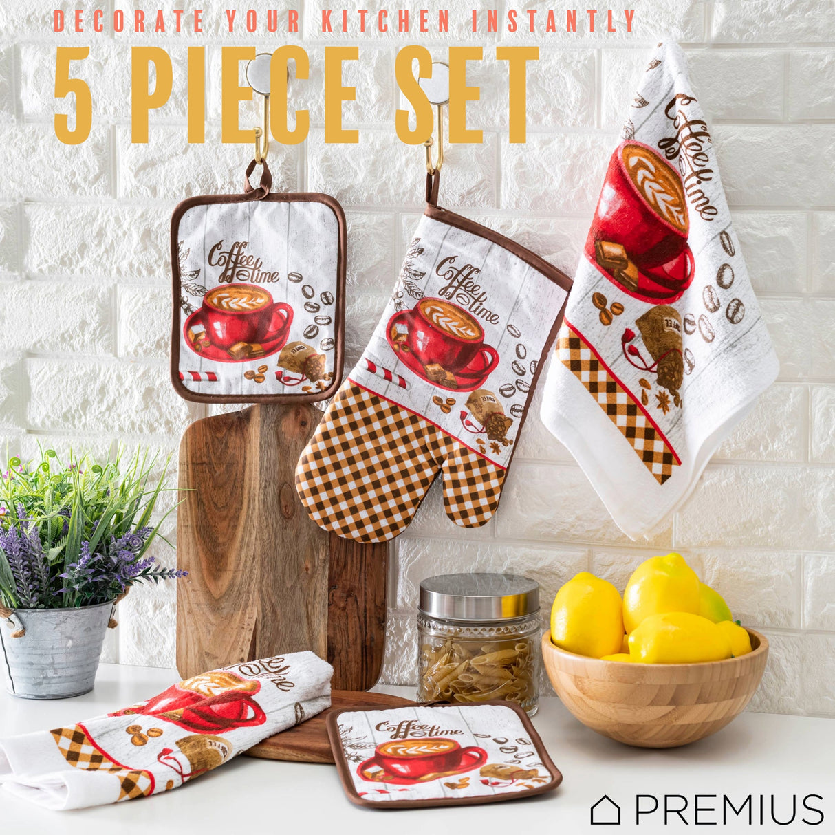 PREMIUS 5 Piece Printed Kitchen Linen Set, 2 Cotton Towels, 2 Pot Holders, 1 Oven Mitt from ShopBobbys