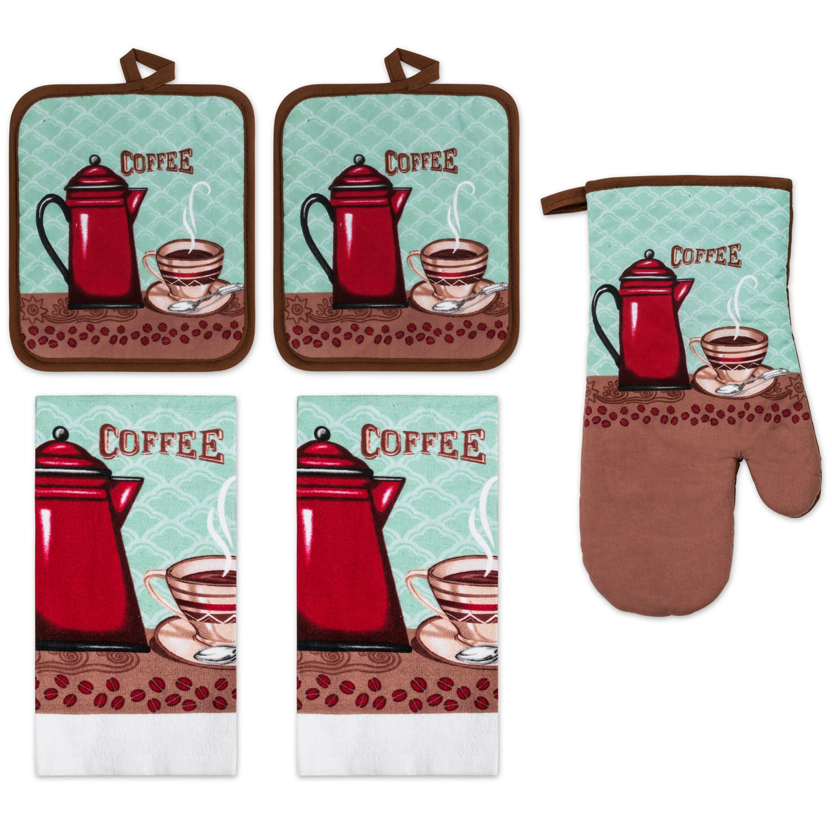 PREMIUS 5 Piece Printed Kitchen Linen Set, 2 Cotton Towels, 2 Pot Holders, 1 Oven Mitt from ShopBobbys