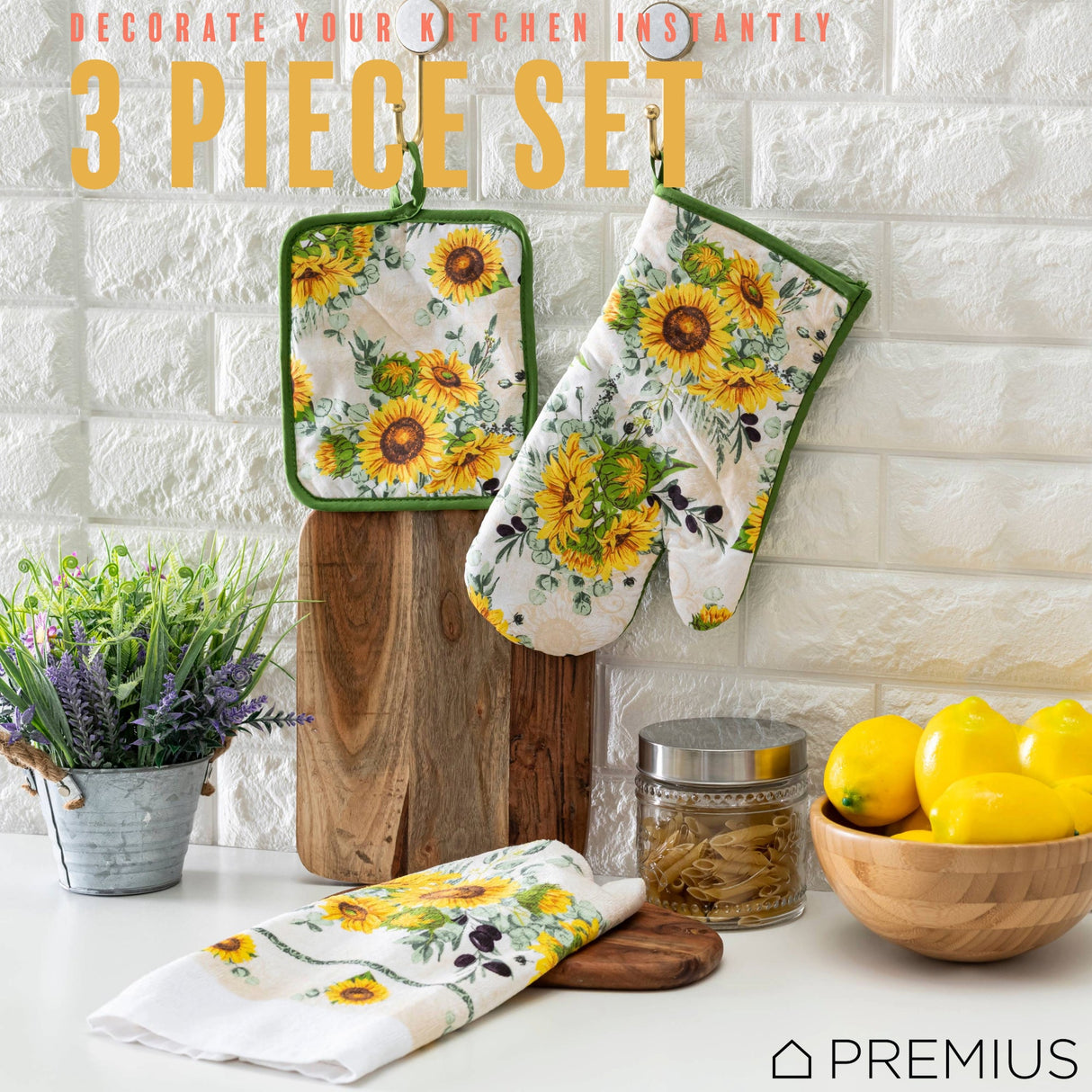 PREMIUS 3 Piece Printed Kitchen Linen Set, 1 Cotton Towel, 1 Pot Holder, 1 Oven Mitt from ShopBobbys