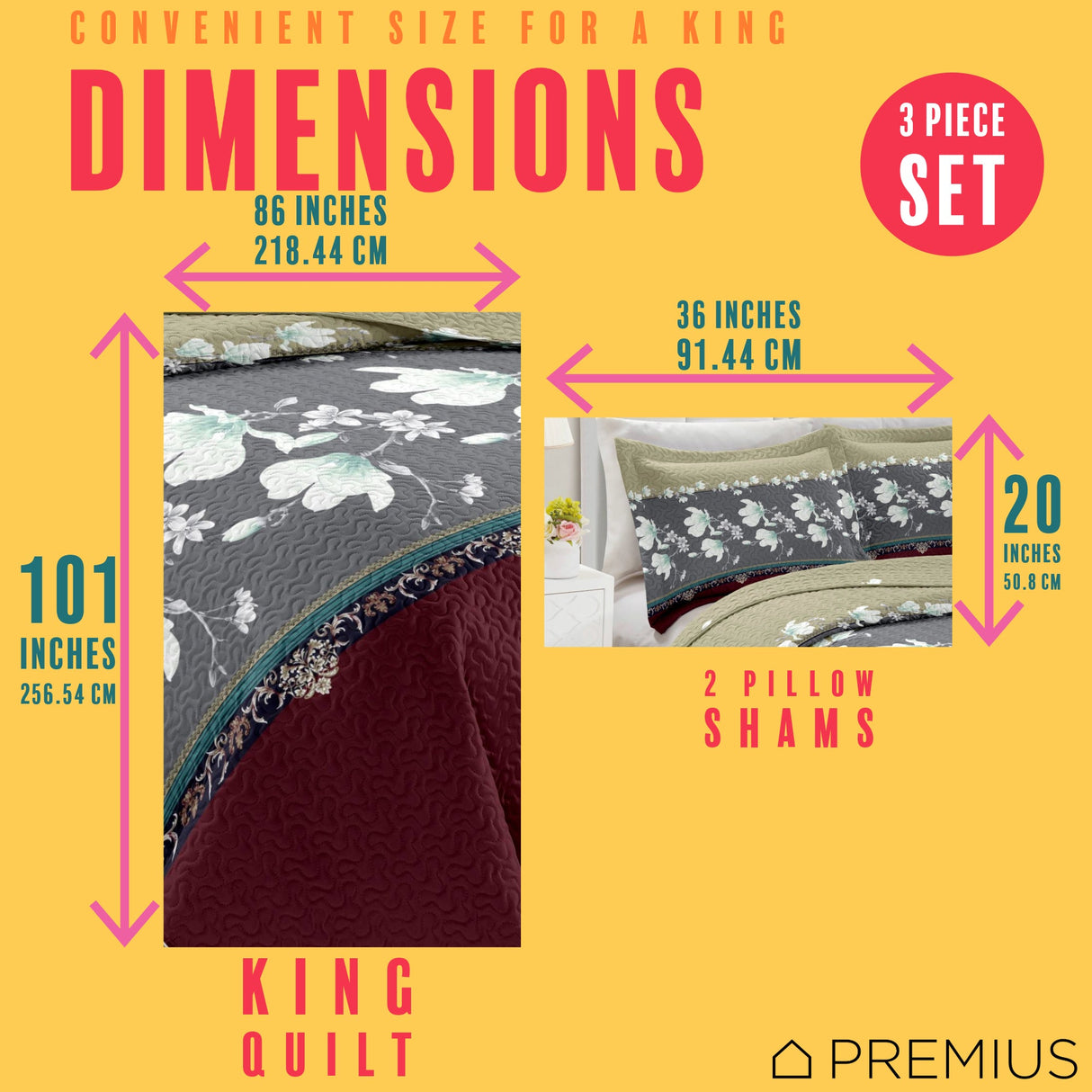 PREMIUS Scarlett 3 Piece Microfiber Wrinkle-Free Quilt Set, Brick-Gray-Beige from ShopBobbys