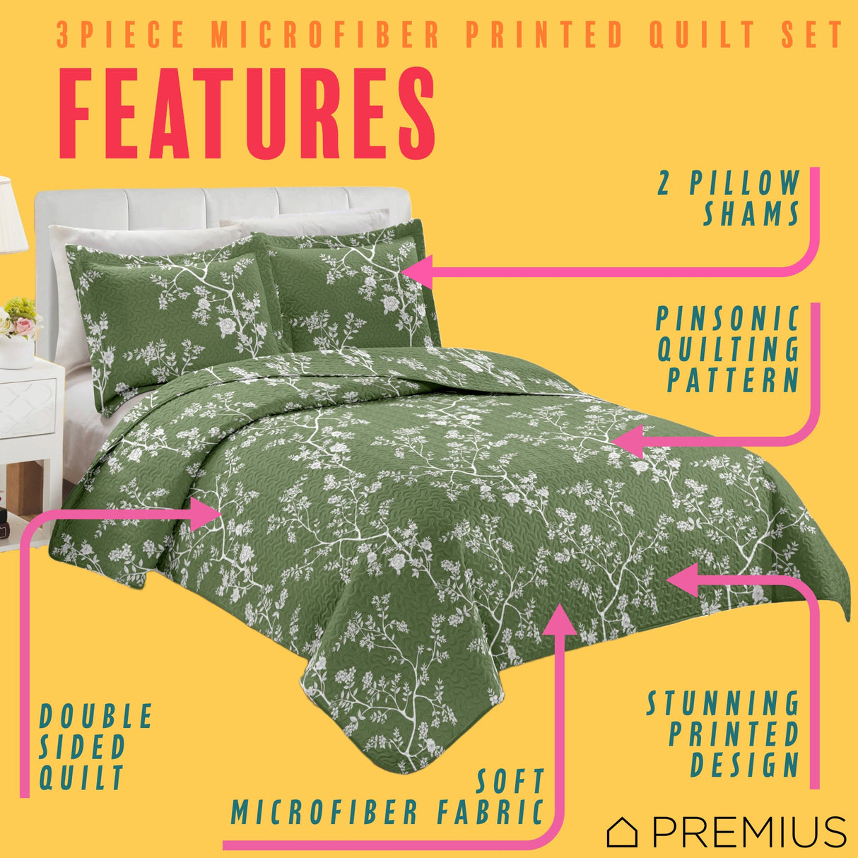 PREMIUS Fernando 3 Piece Microfiber Wrinkle-Free Quilt Set, Green-White from ShopBobbys