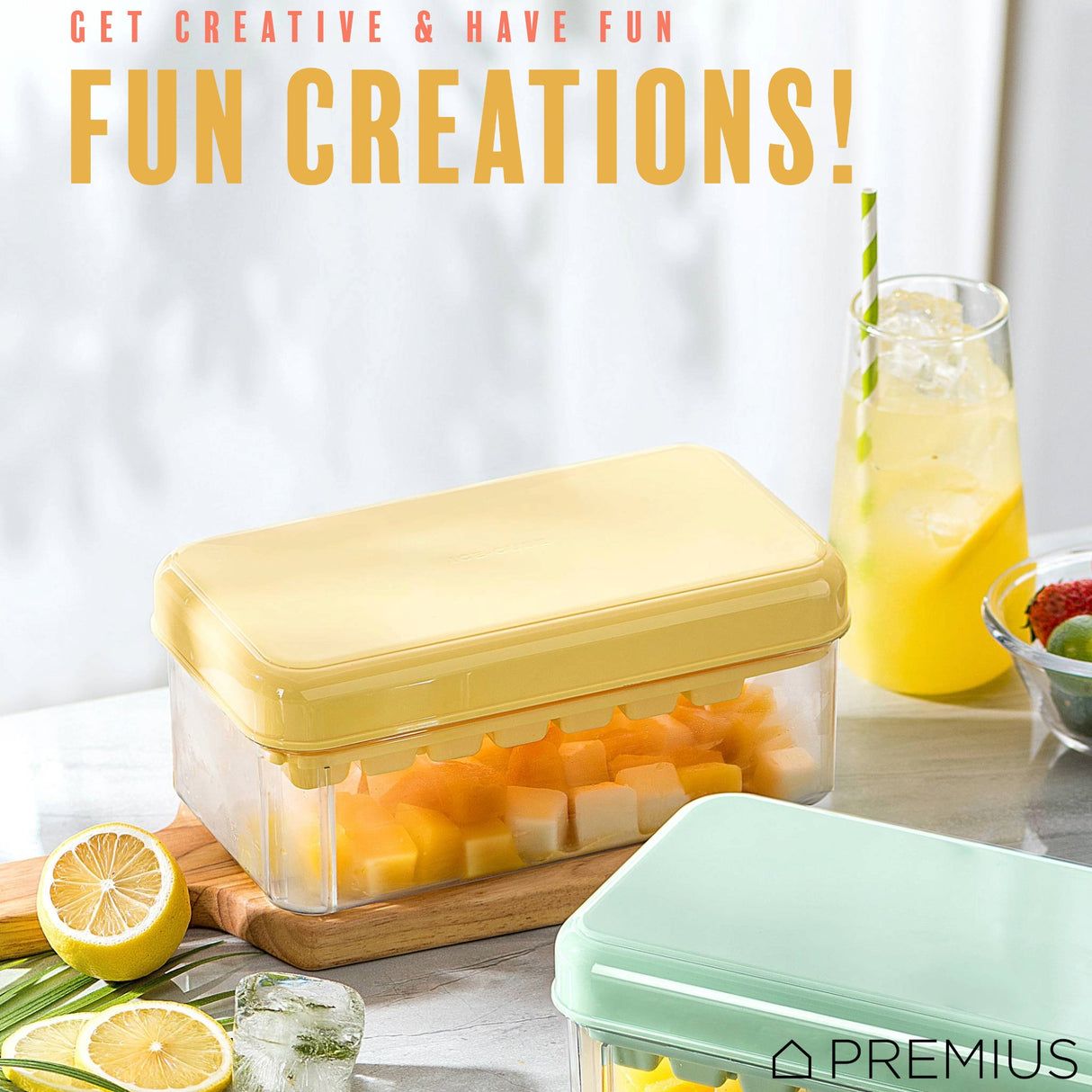 PREMIUS 2 Tray Ice Cube Tray with Container and Scoop, Yellow-Clear from ShopBobbys