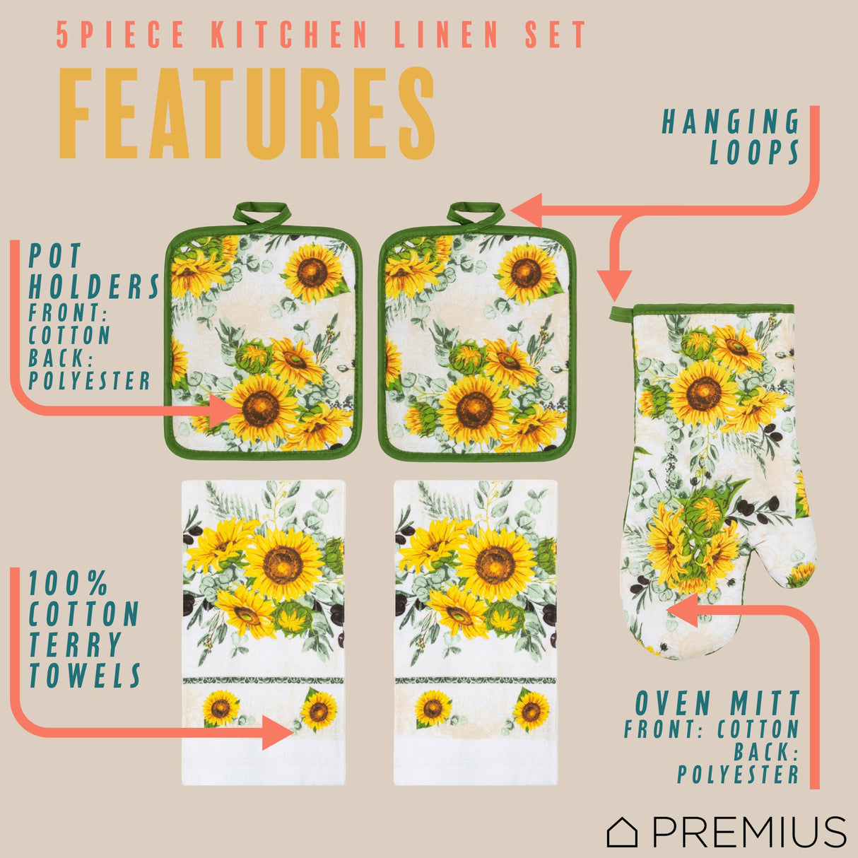 PREMIUS 5 Piece Printed Kitchen Linen Set, 2 Cotton Towels, 2 Pot Holders, 1 Oven Mitt from ShopBobbys