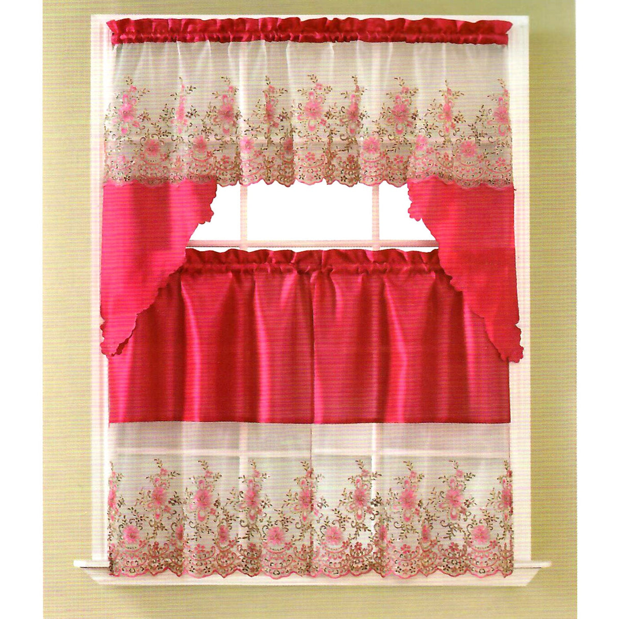 Irina Floral Sequins Kitchen Curtain Set, Swag Valance 60x36, 30x36 Inches from ShopBobbys