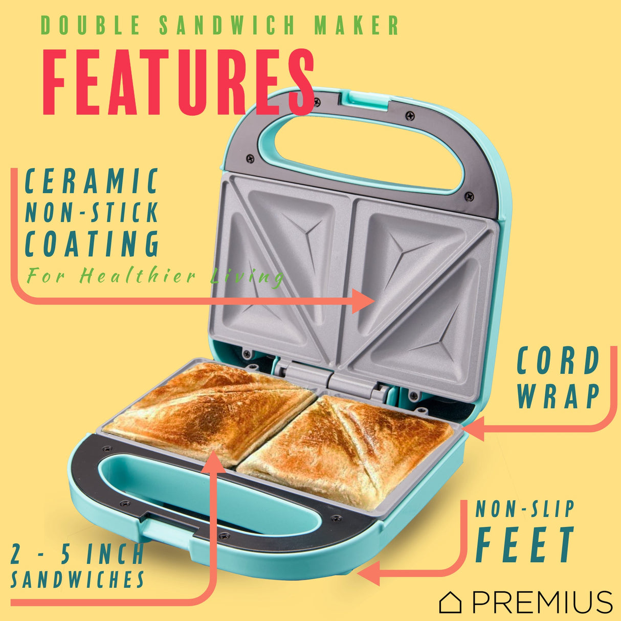 PREMIUS Ceramic Non-Stick Double Slice Sandwich Maker, 8.25x4.75 Inch Mold from ShopBobbys