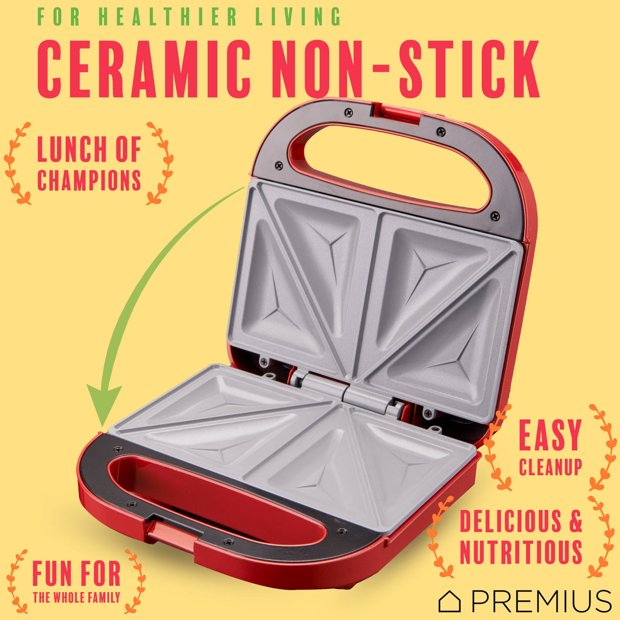 PREMIUS Ceramic Non-Stick Double Slice Sandwich Maker, 8.25x4.75 Inch Mold from ShopBobbys