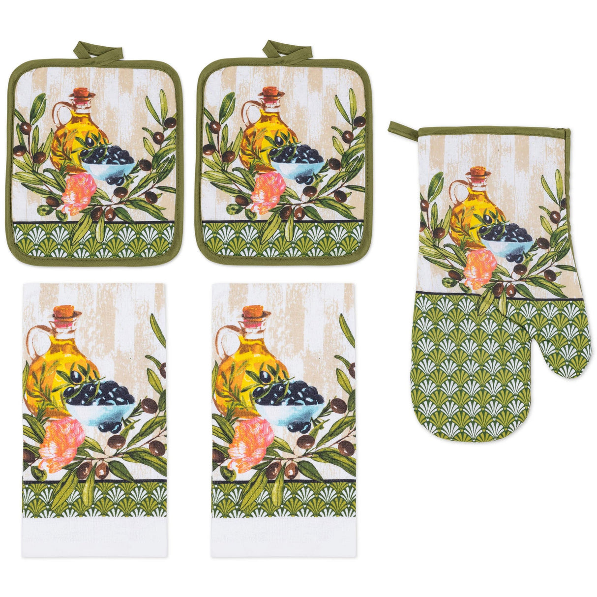PREMIUS 5 Piece Printed Kitchen Linen Set, 2 Cotton Towels, 2 Pot Holders, 1 Oven Mitt from ShopBobbys