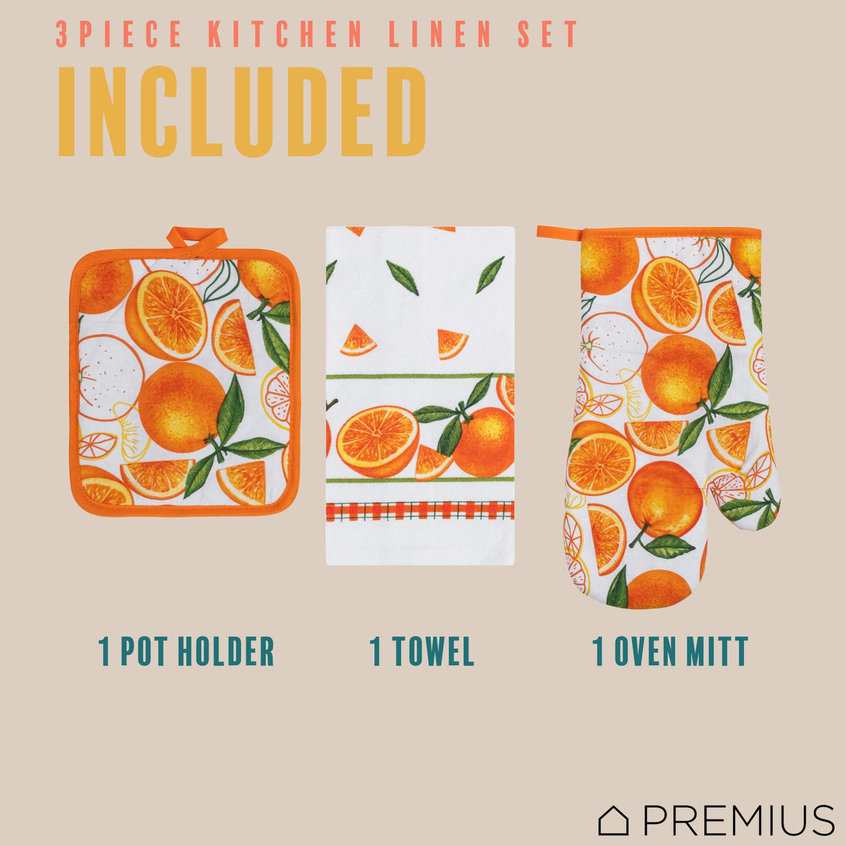 PREMIUS 3 Piece Printed Kitchen Linen Set, 1 Cotton Towel, 1 Pot Holder, 1 Oven Mitt from ShopBobbys