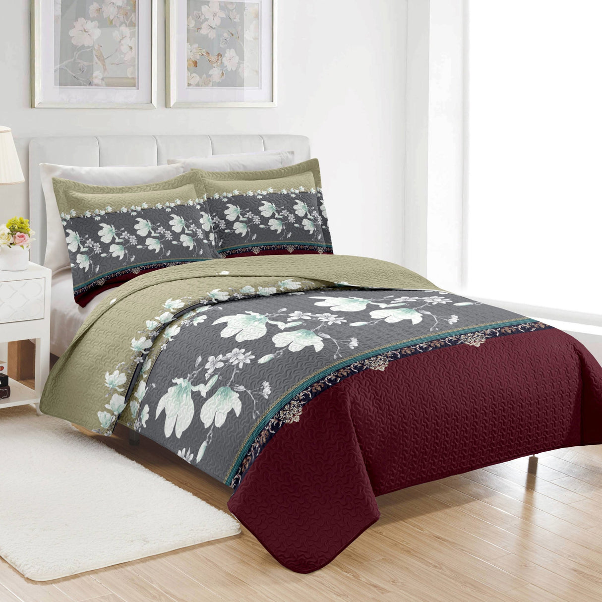 PREMIUS Scarlett 3 Piece Microfiber Wrinkle-Free Quilt Set, Brick-Gray-Beige from ShopBobbys