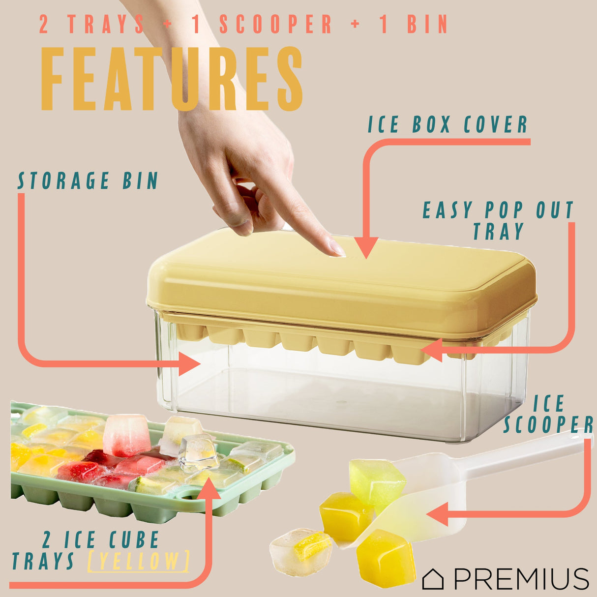 PREMIUS 2 Tray Ice Cube Tray with Container and Scoop, Yellow-Clear from ShopBobbys