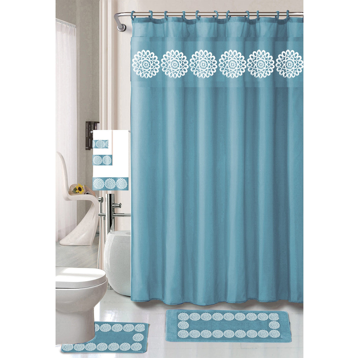 Cynthia 18 Piece Shower Curtain with Embroidered Non-Slip Bath Rug and Towel Set from ShopBobbys