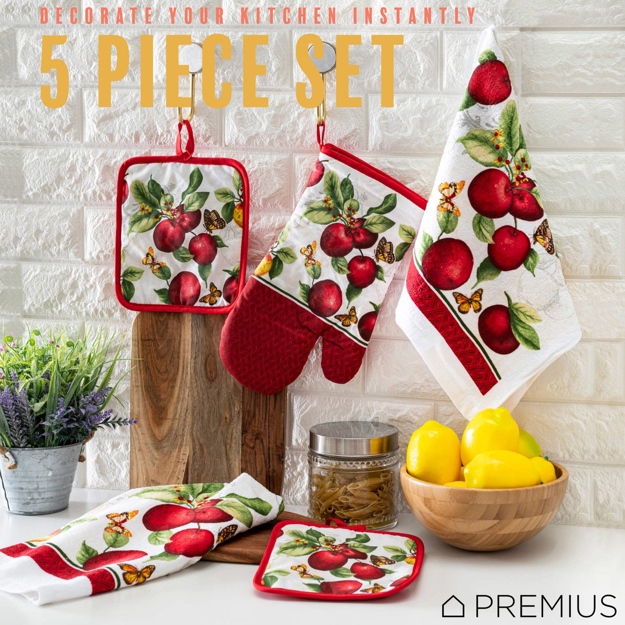 PREMIUS 5 Piece Printed Kitchen Linen Set, 2 Cotton Towels, 2 Pot Holders, 1 Oven Mitt from ShopBobbys