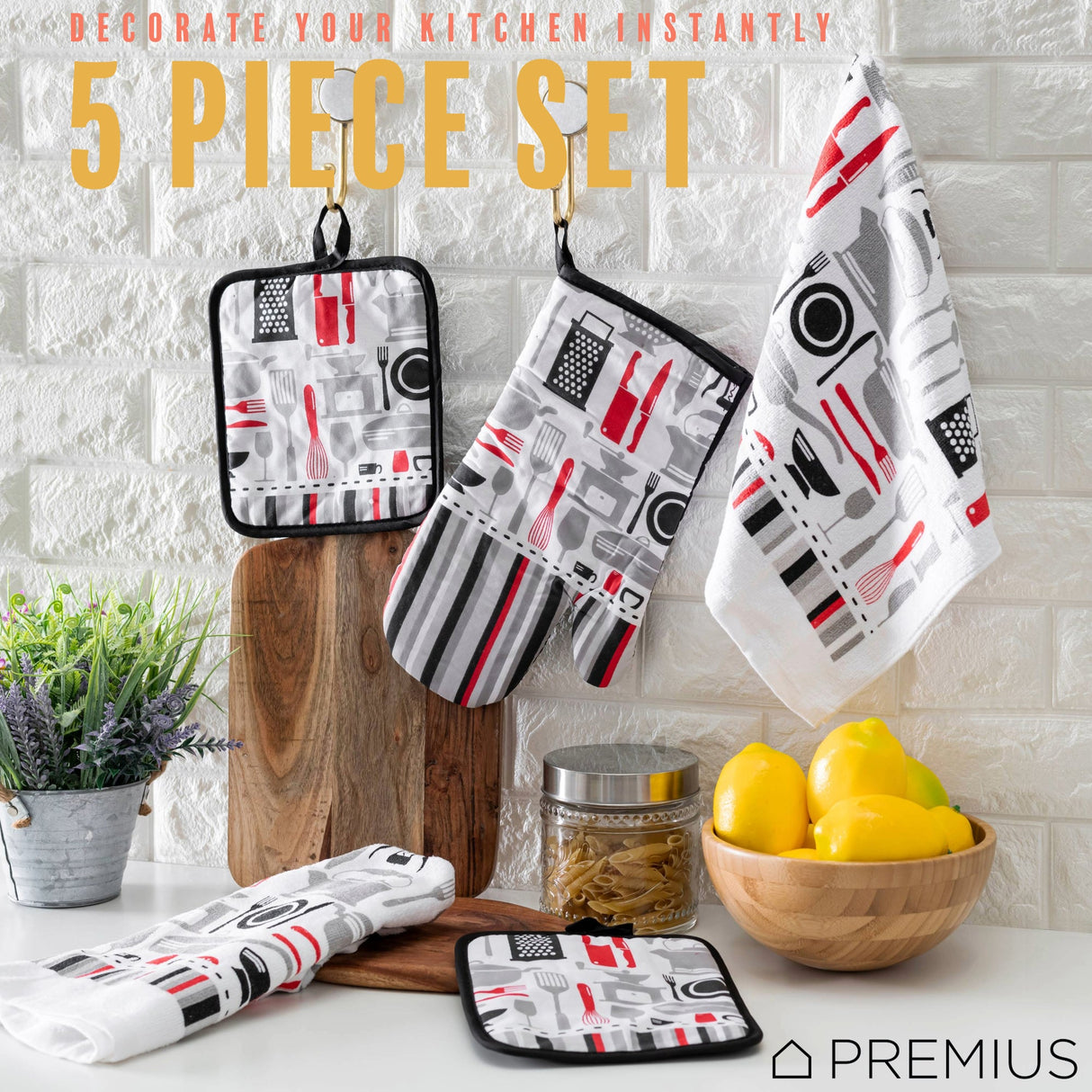 PREMIUS 5 Piece Printed Kitchen Linen Set, 2 Cotton Towels, 2 Pot Holders, 1 Oven Mitt from ShopBobbys