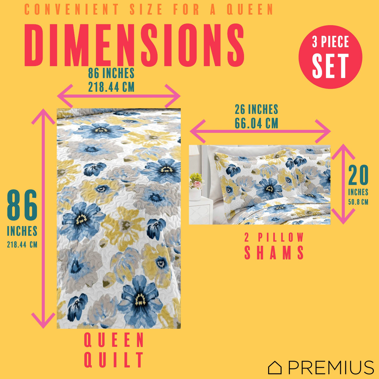PREMIUS Eliana 3 Piece Microfiber Wrinkle-Free Quilt Set, Blue-Yellow from ShopBobbys