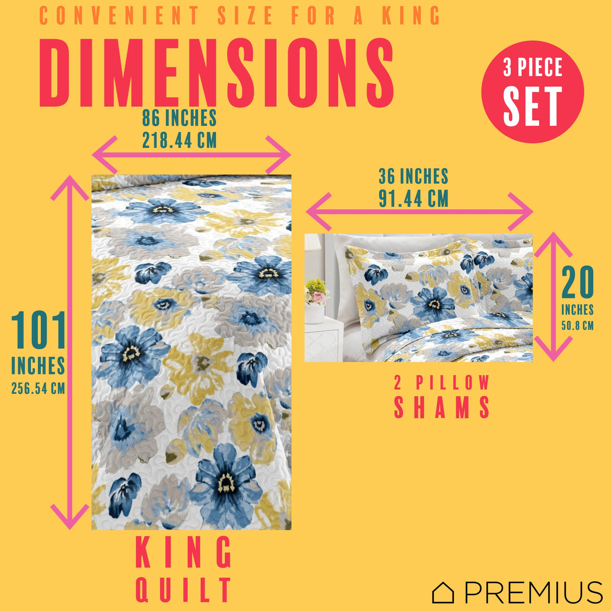 PREMIUS Eliana 3 Piece Microfiber Wrinkle-Free Quilt Set, Blue-Yellow from ShopBobbys