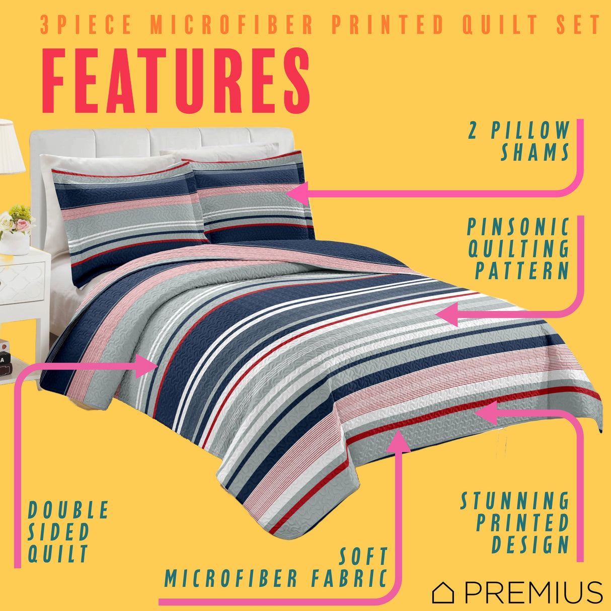 PREMIUS Mateo 3 Piece Microfiber Wrinkle-Free Quilt Set, Blue-Multi-Striped from ShopBobbys