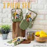 PREMIUS 3 Piece Printed Kitchen Linen Set, 1 Cotton Towel, 1 Pot Holder, 1 Oven Mitt from ShopBobbys