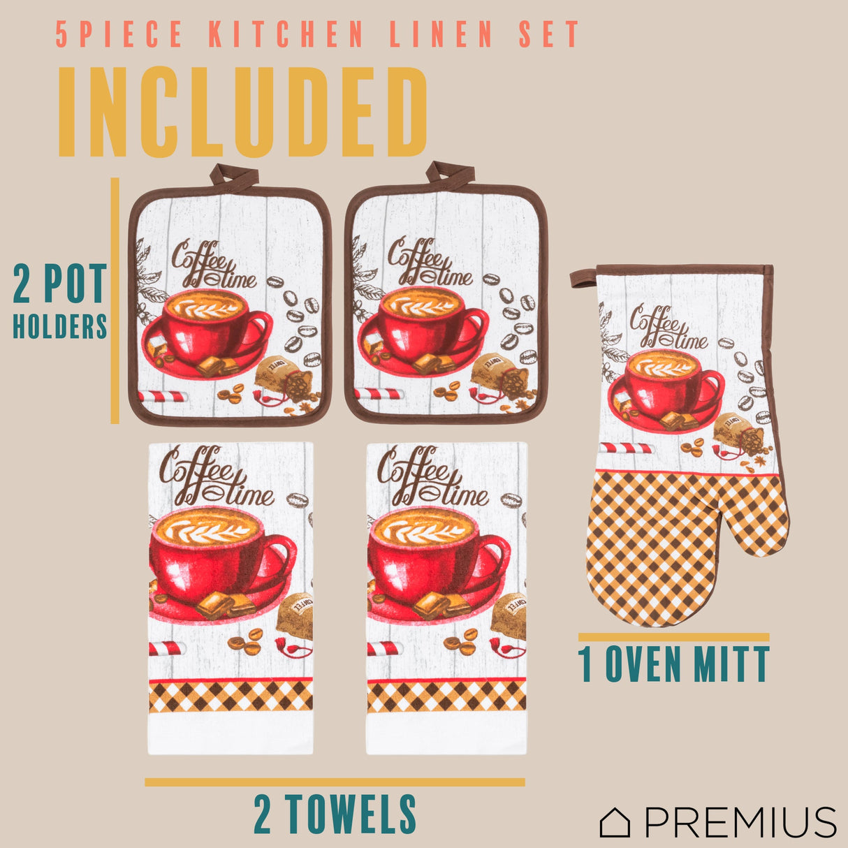 PREMIUS 5 Piece Printed Kitchen Linen Set, 2 Cotton Towels, 2 Pot Holders, 1 Oven Mitt from ShopBobbys