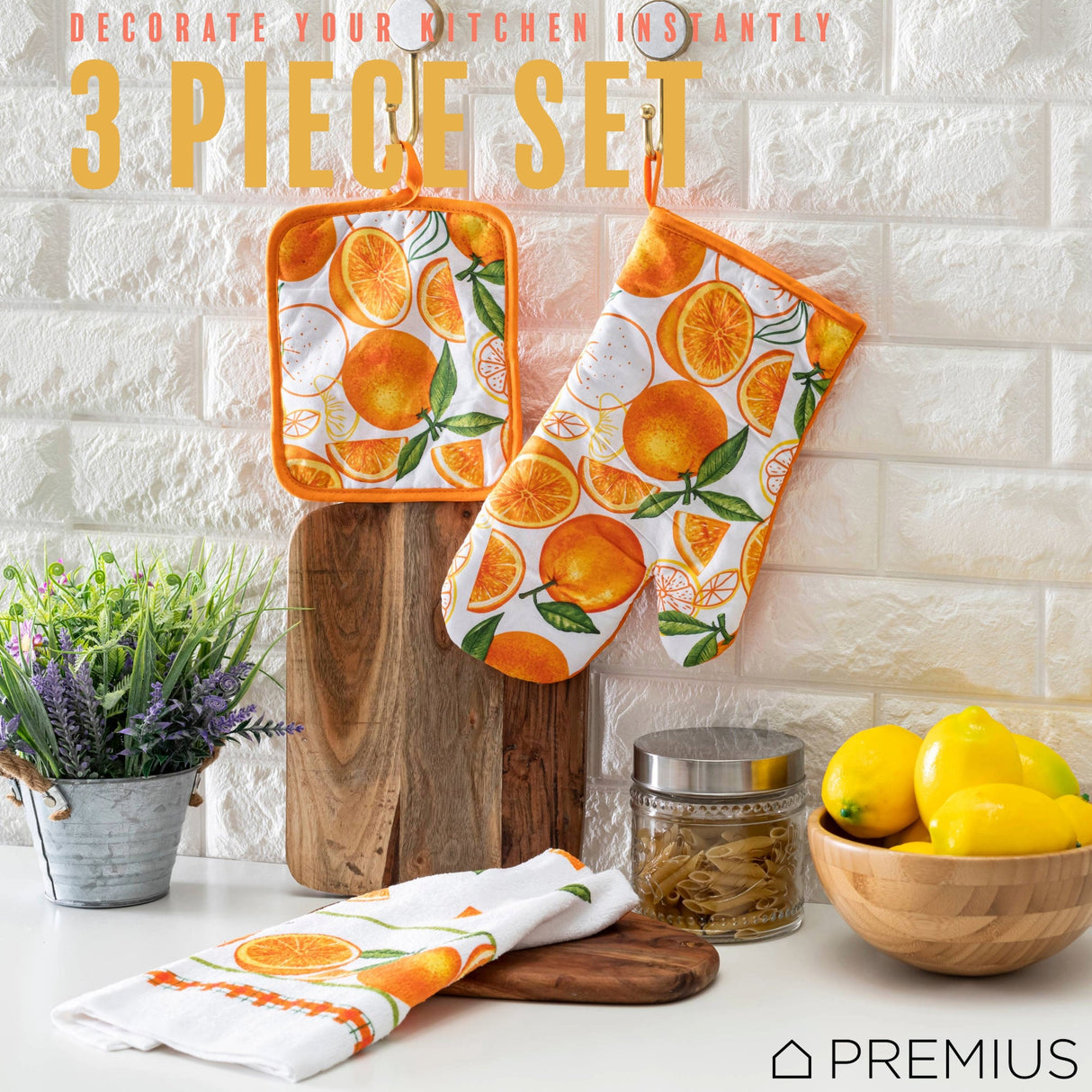 PREMIUS 3 Piece Printed Kitchen Linen Set, 1 Cotton Towel, 1 Pot Holder, 1 Oven Mitt from ShopBobbys
