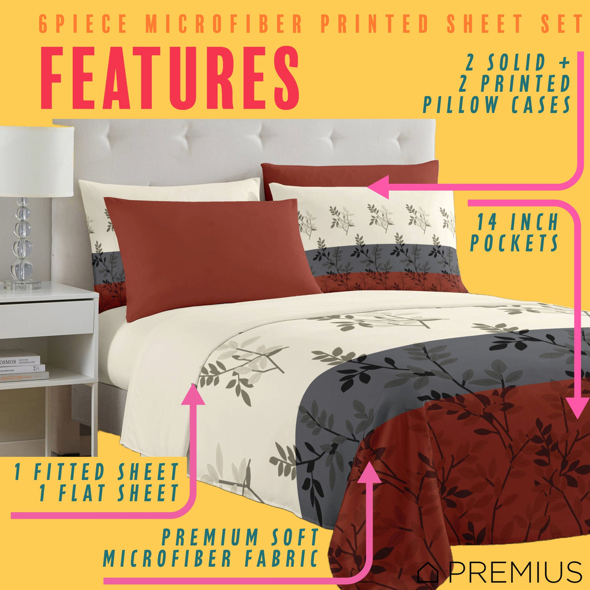 PREMIUS Isabella Soft Wrinkle-Free Microfiber Sheet Set, Brick-Gray-Beige from ShopBobbys