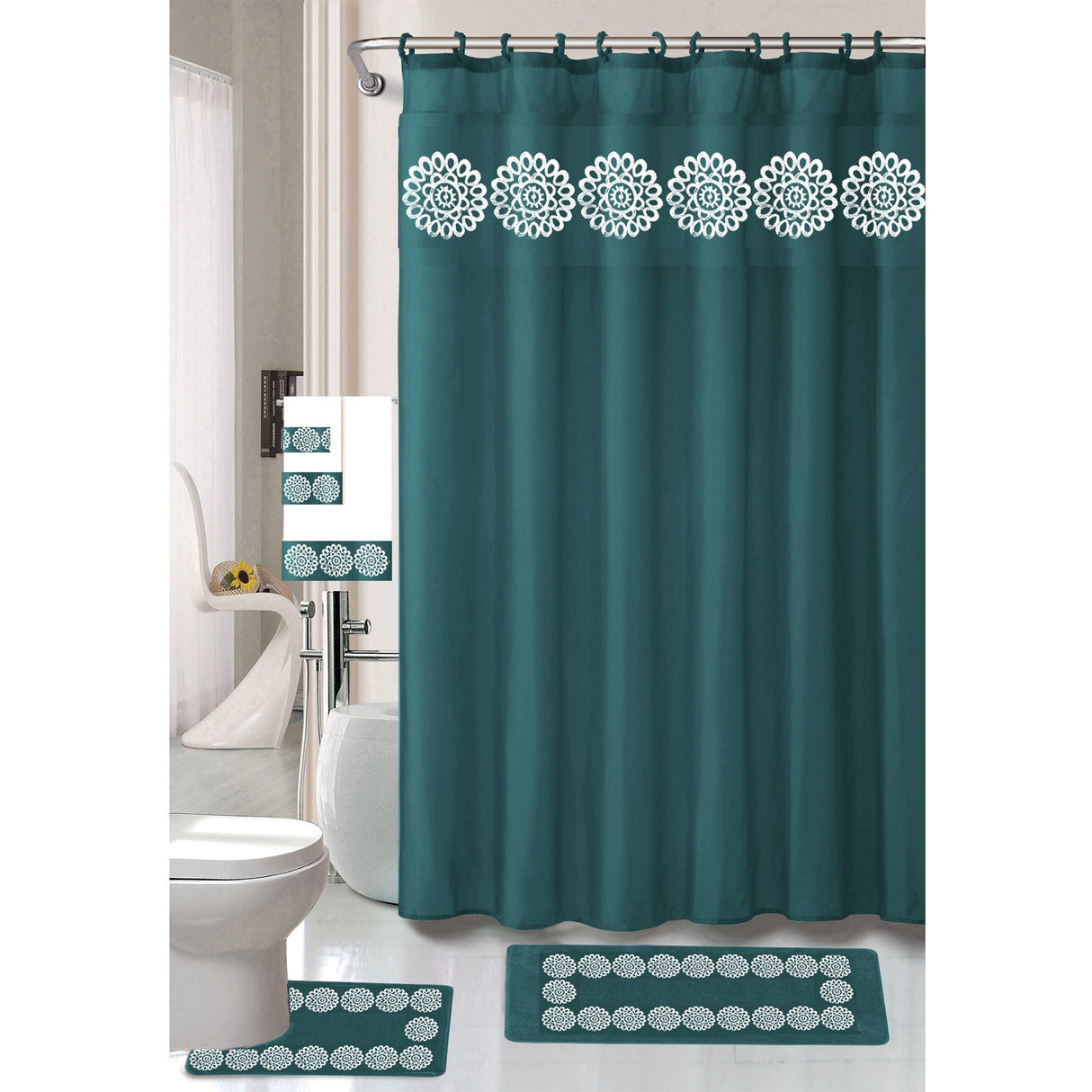 Cynthia 18 Piece Shower Curtain with Embroidered Non-Slip Bath Rug and Towel Set from ShopBobbys