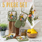 PREMIUS 5 Piece Printed Kitchen Linen Set, 2 Cotton Towels, 2 Pot Holders, 1 Oven Mitt from ShopBobbys