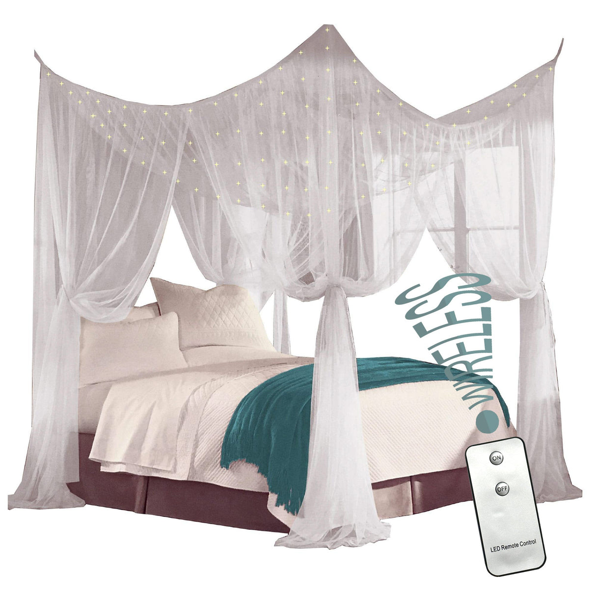 Just Relax Four Corner Post Bed Canopy Set With LED Lights and Remote, White, Full-Queen-King from ShopBobbys