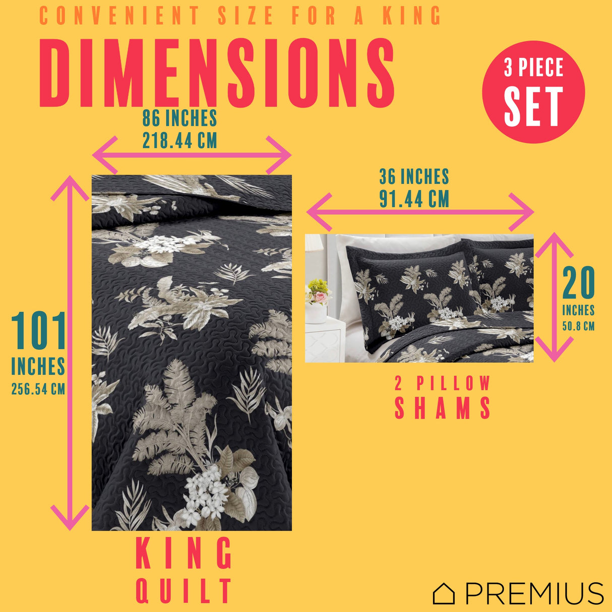 PREMIUS Mia 3 Piece Microfiber Wrinkle-Free Quilt Set, Black-Taupe from ShopBobbys