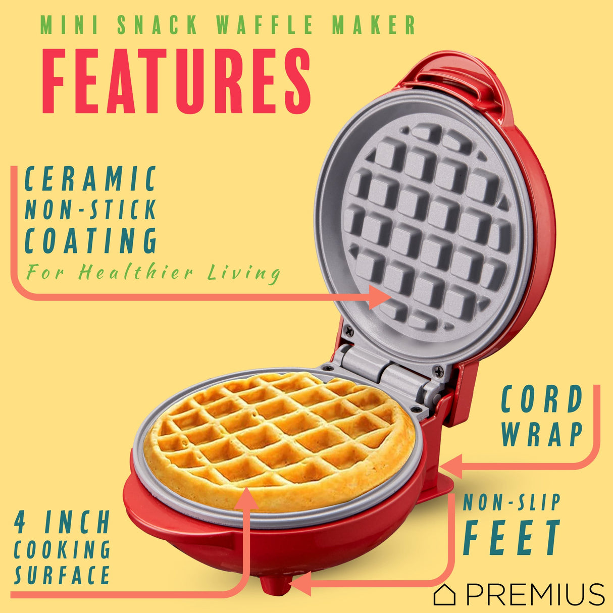 PREMIUS Ceramic Non-Stick Mini Snack Waffle Maker, 4 Inch Mold from ShopBobbys