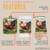 PREMIUS 3 Piece Printed Kitchen Linen Set, 1 Cotton Towel, 1 Pot Holder, 1 Oven Mitt from ShopBobbys