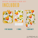 PREMIUS 3 Piece Printed Kitchen Linen Set, 1 Cotton Towel, 1 Pot Holder, 1 Oven Mitt from ShopBobbys