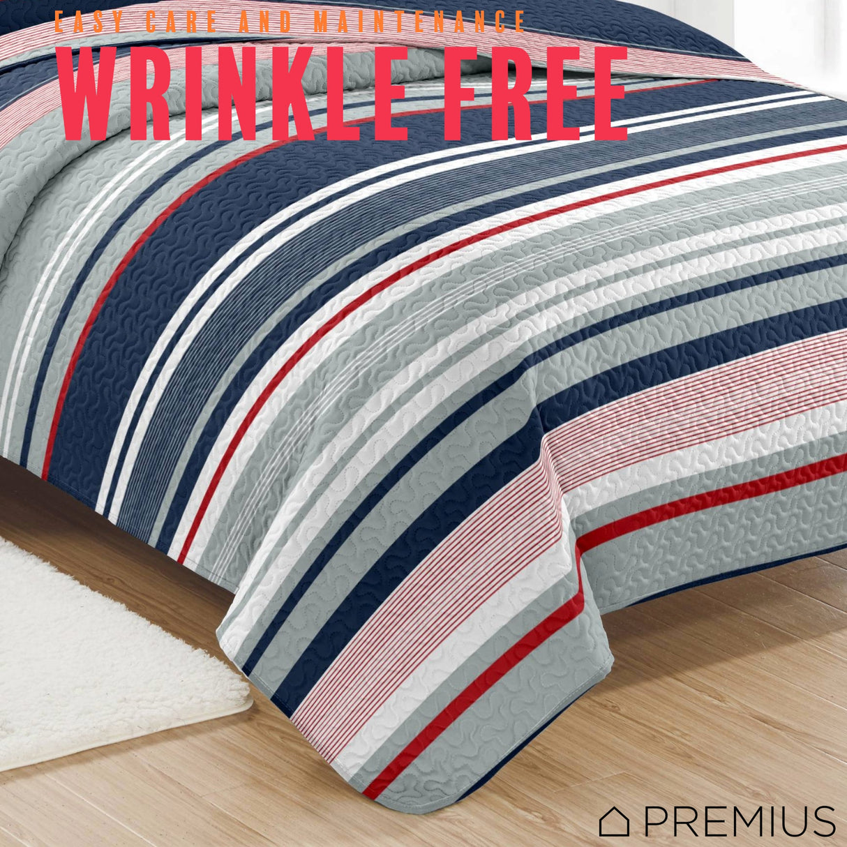 PREMIUS Mateo 3 Piece Microfiber Wrinkle-Free Quilt Set, Blue-Multi-Striped from ShopBobbys