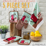 PREMIUS 5 Piece Printed Kitchen Linen Set, 2 Cotton Towels, 2 Pot Holders, 1 Oven Mitt from ShopBobbys