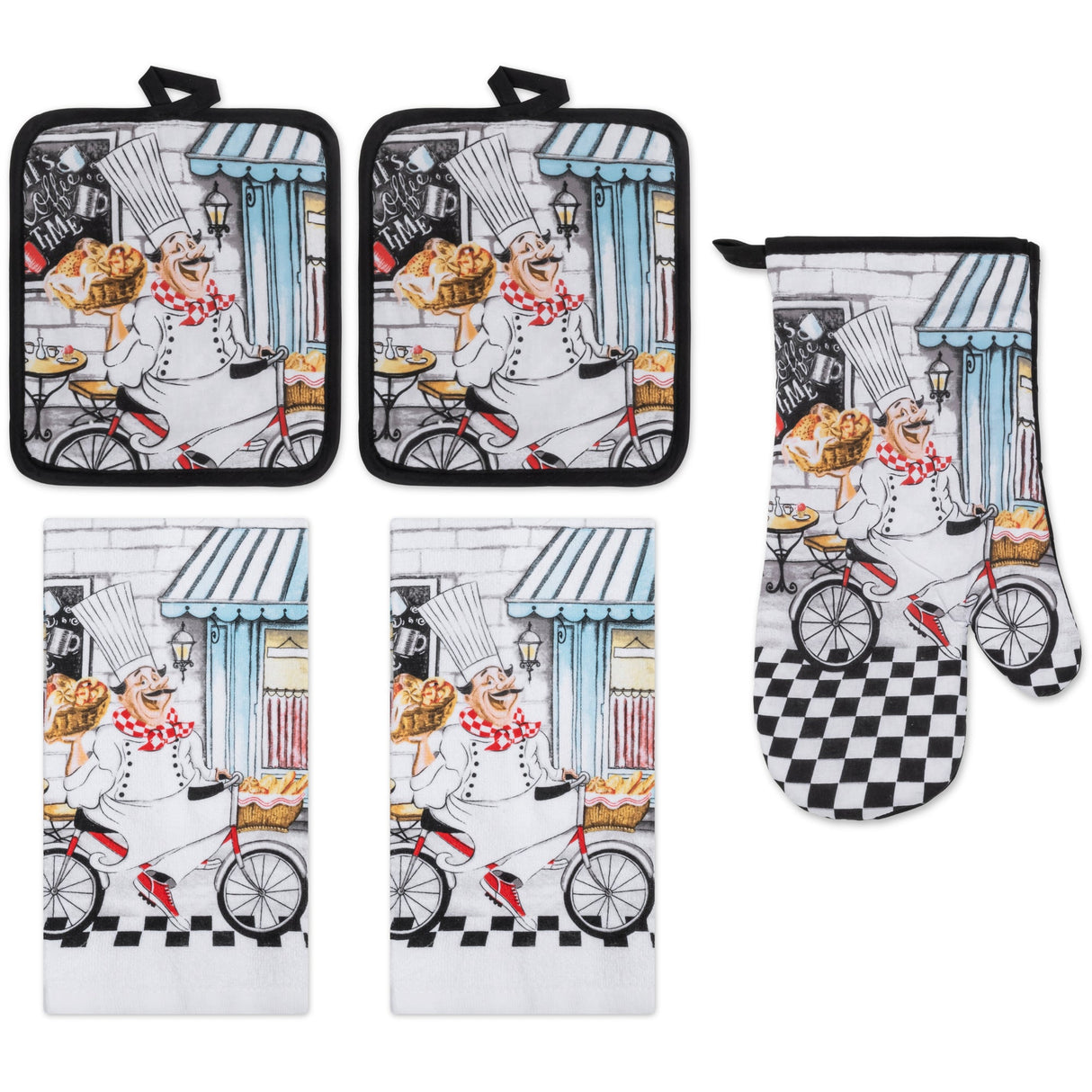 PREMIUS 5 Piece Printed Kitchen Linen Set, 2 Cotton Towels, 2 Pot Holders, 1 Oven Mitt from ShopBobbys
