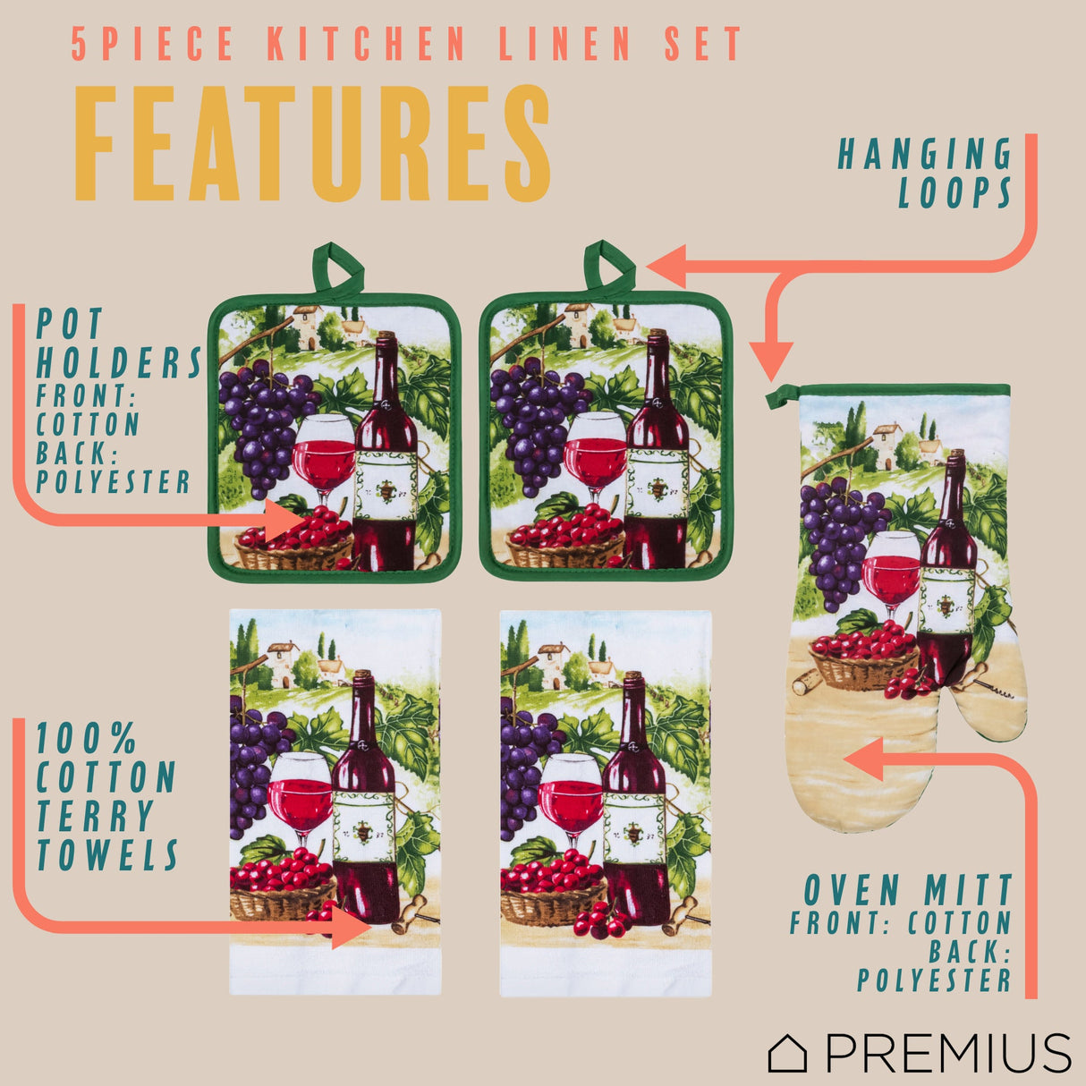 PREMIUS 5 Piece Printed Kitchen Linen Set, 2 Cotton Towels, 2 Pot Holders, 1 Oven Mitt from ShopBobbys