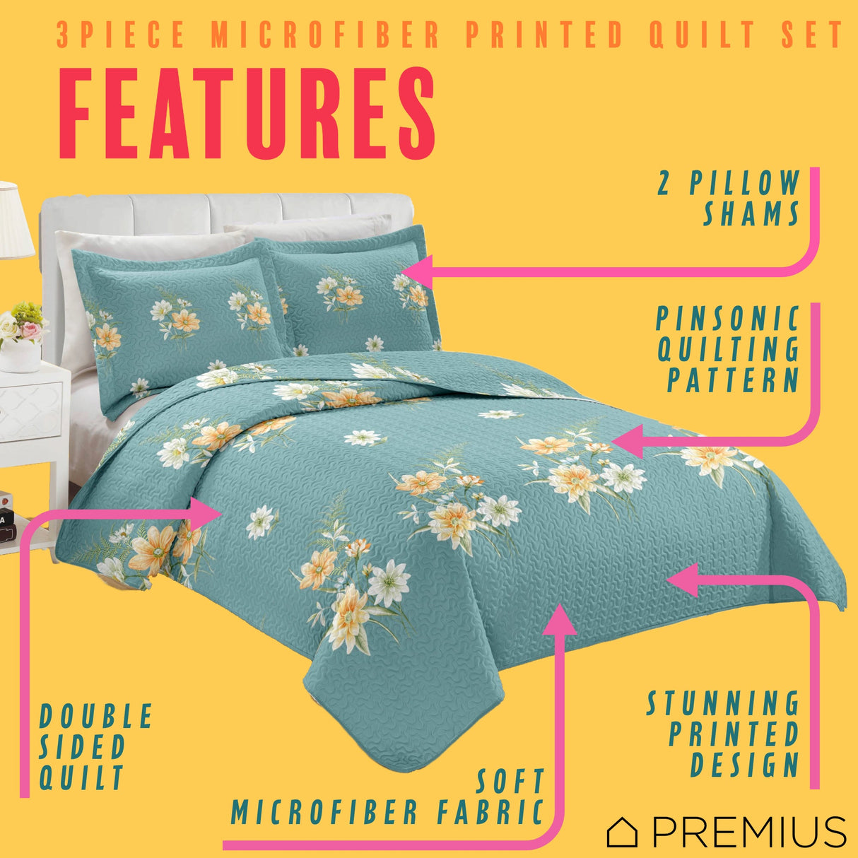 PREMIUS Lucea 3 Piece Microfiber Wrinkle-Free Quilt Set, Soft Blue from ShopBobbys