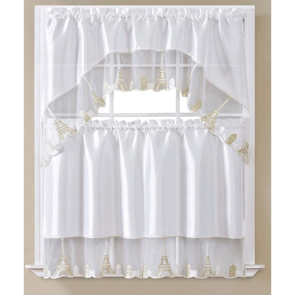 Paris Embroidered Kitchen Curtain Set, Swag 60x36, 30x36 Inches from ShopBobbys