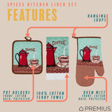 PREMIUS 3 Piece Printed Kitchen Linen Set, 1 Cotton Towel, 1 Pot Holder, 1 Oven Mitt from ShopBobbys