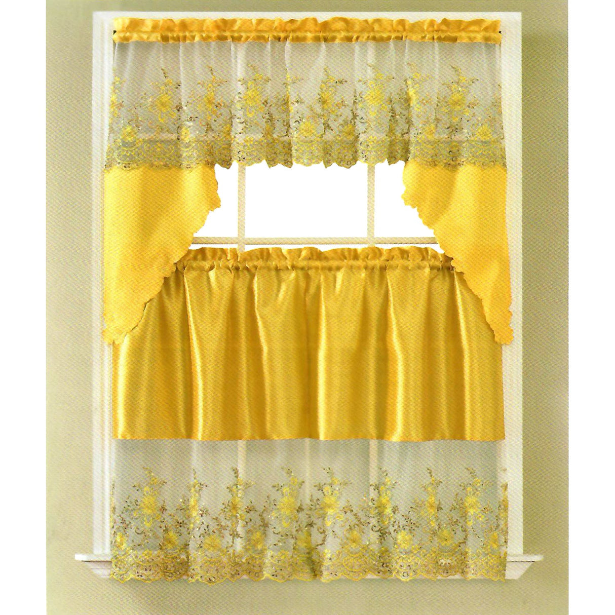 Irina Floral Sequins Kitchen Curtain Set, Swag Valance 60x36, 30x36 Inches from ShopBobbys