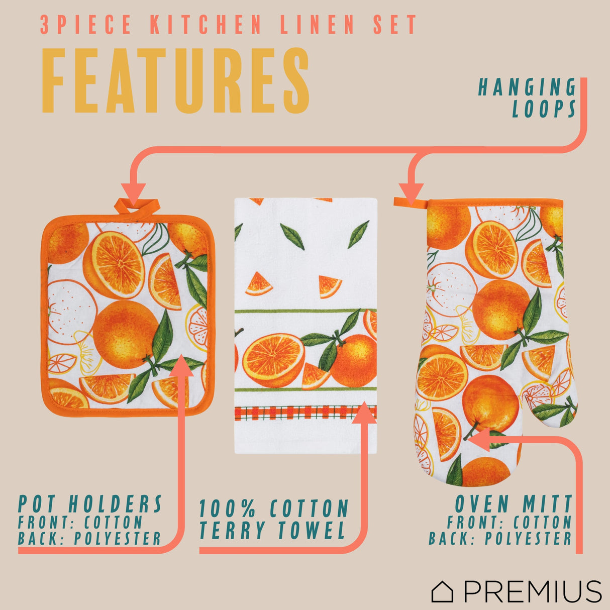 PREMIUS 3 Piece Printed Kitchen Linen Set, 1 Cotton Towel, 1 Pot Holder, 1 Oven Mitt from ShopBobbys