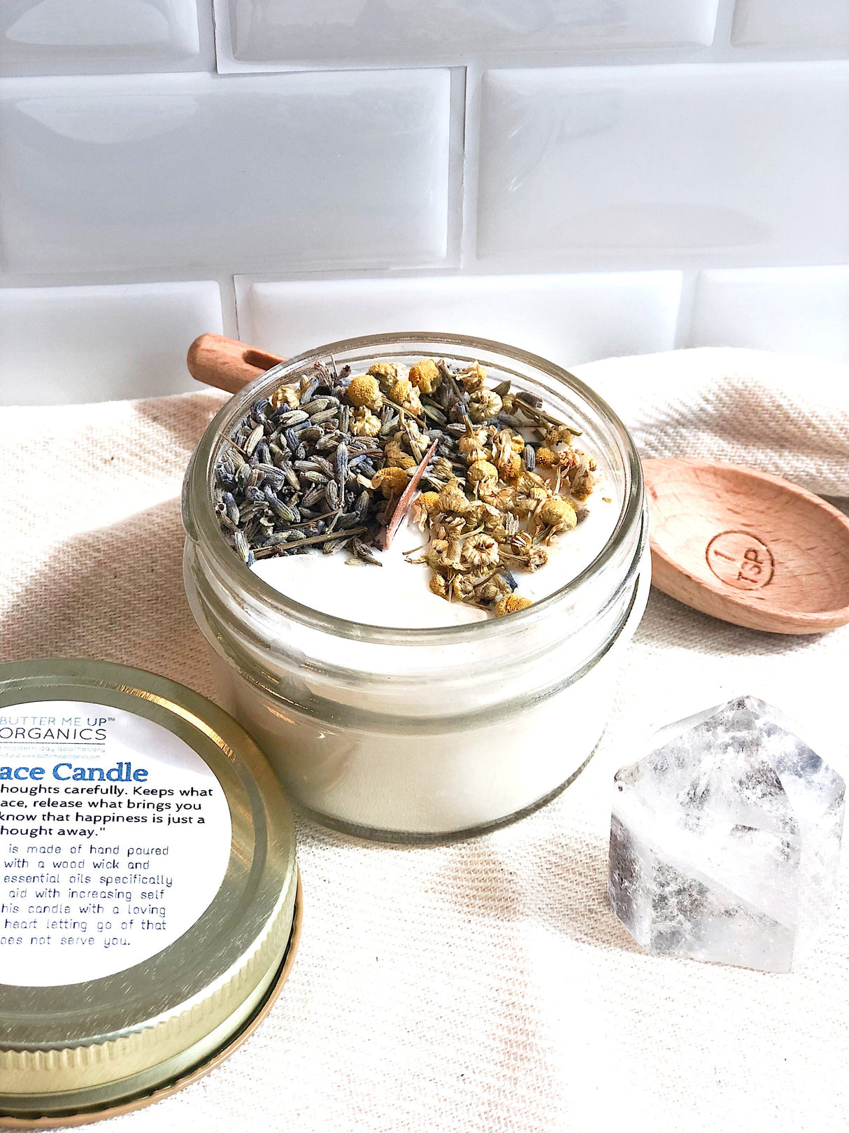Peace Candle / Serenity Candle / Intention Candle / Ritual Candle / Crystal Candle / Pretty Candle / Organic Soy Wax Candle / Botanicals from Butter Me Up Organics