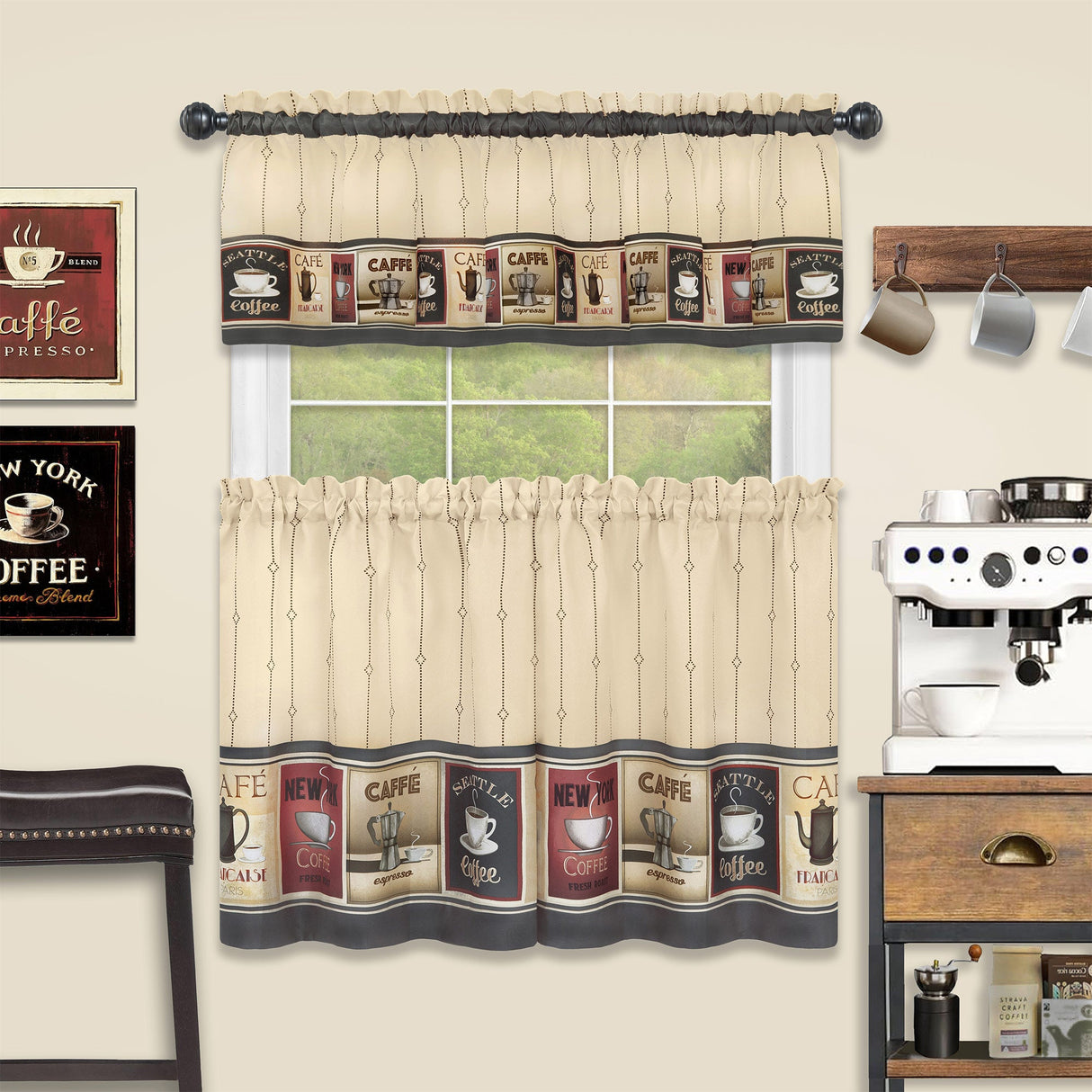 Achim Cozy Cafe Printed Kitchen Curtain Set, Tan-Black, Valance 58x13, Tiers 58x36 Inches from ShopBobbys