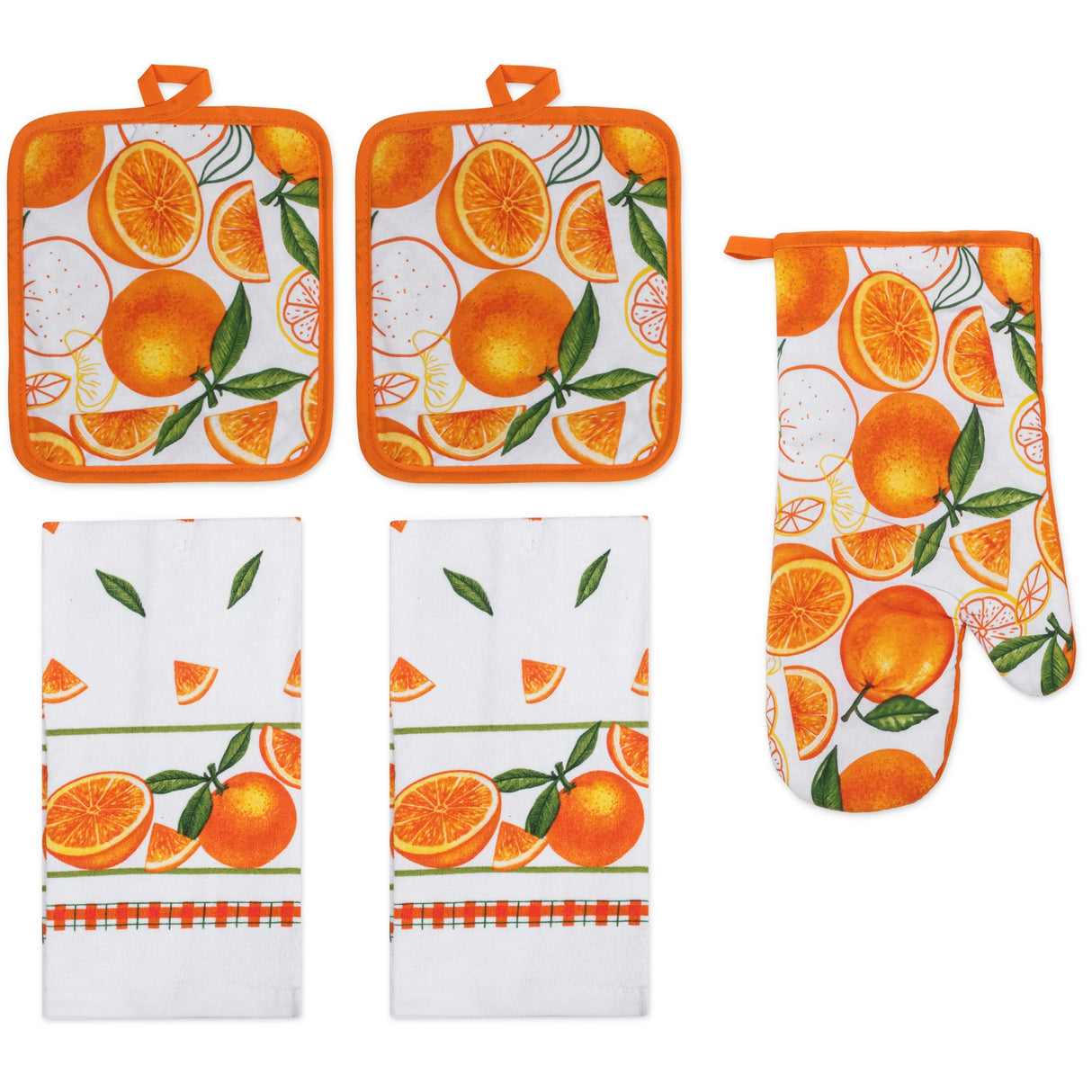 PREMIUS 5 Piece Printed Kitchen Linen Set, 2 Cotton Towels, 2 Pot Holders, 1 Oven Mitt from ShopBobbys