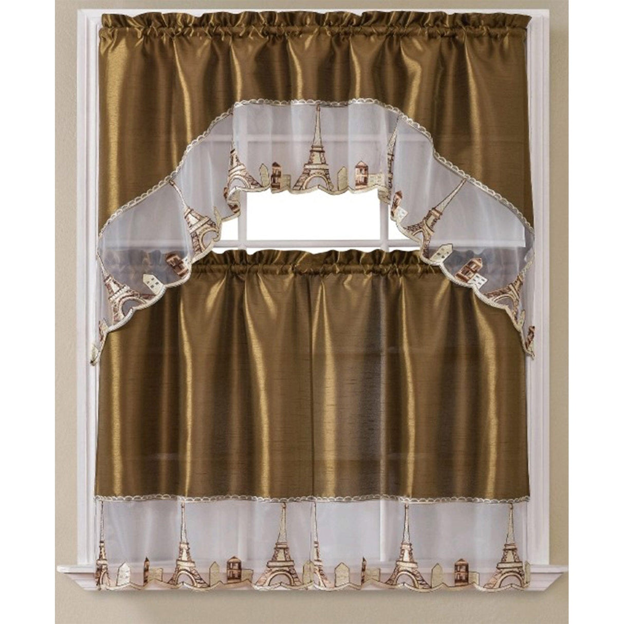 Paris Embroidered Kitchen Curtain Set, Swag 60x36, 30x36 Inches from ShopBobbys