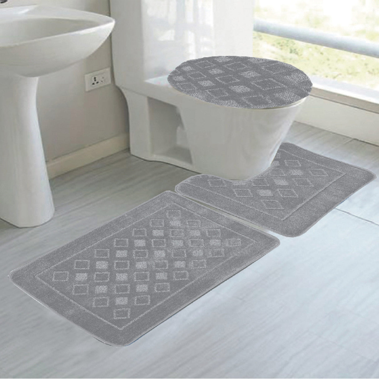 Jenny 3-Piece Diamond Plush Oversized Non-Slip Bath Rug Set from ShopBobbys