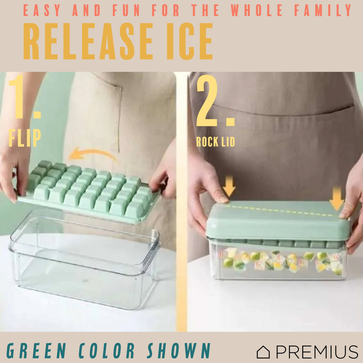 PREMIUS 2 Tray Ice Cube Tray with Container and Scoop, Yellow-Clear from ShopBobbys