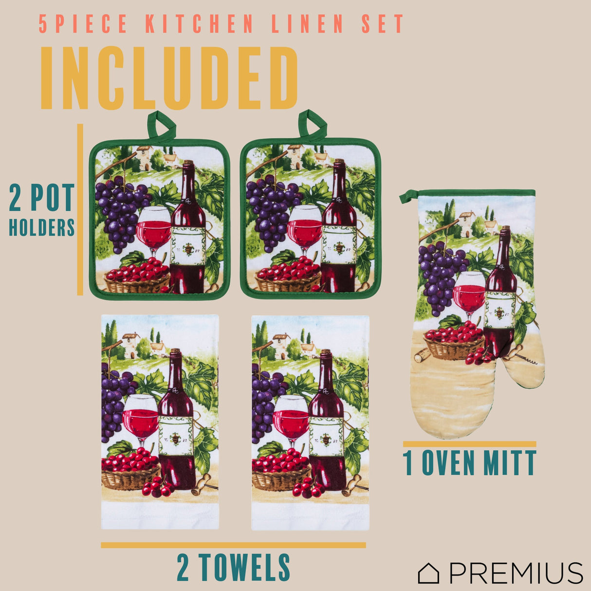 PREMIUS 5 Piece Printed Kitchen Linen Set, 2 Cotton Towels, 2 Pot Holders, 1 Oven Mitt from ShopBobbys
