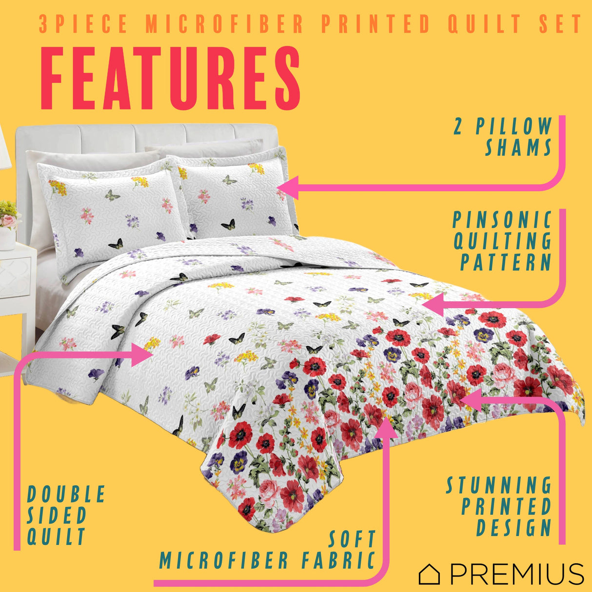 PREMIUS Butterfly 3 Piece Microfiber Wrinkle-Free Quilt Set, White-Multi from ShopBobbys